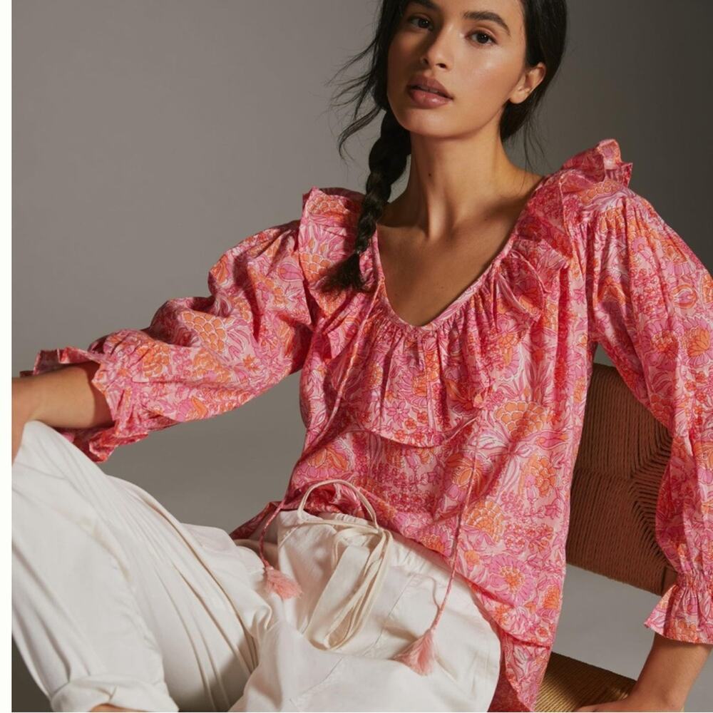 NWT Mille May Pink Ruffle Hawaiian Bohemian Carnation Floral Print Blouse